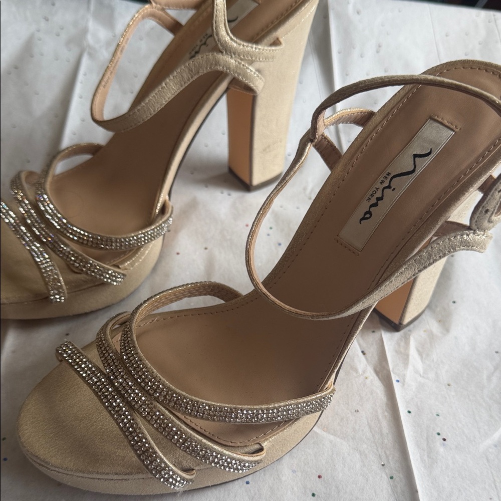 Nina Champagne Rhinestone Strappy Heels